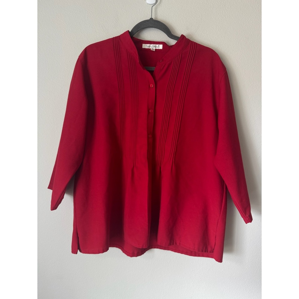 TravelSmith Womens Red Pintuck Mandarin Collar 3/4 Sleeve Button Up Blouse XL
